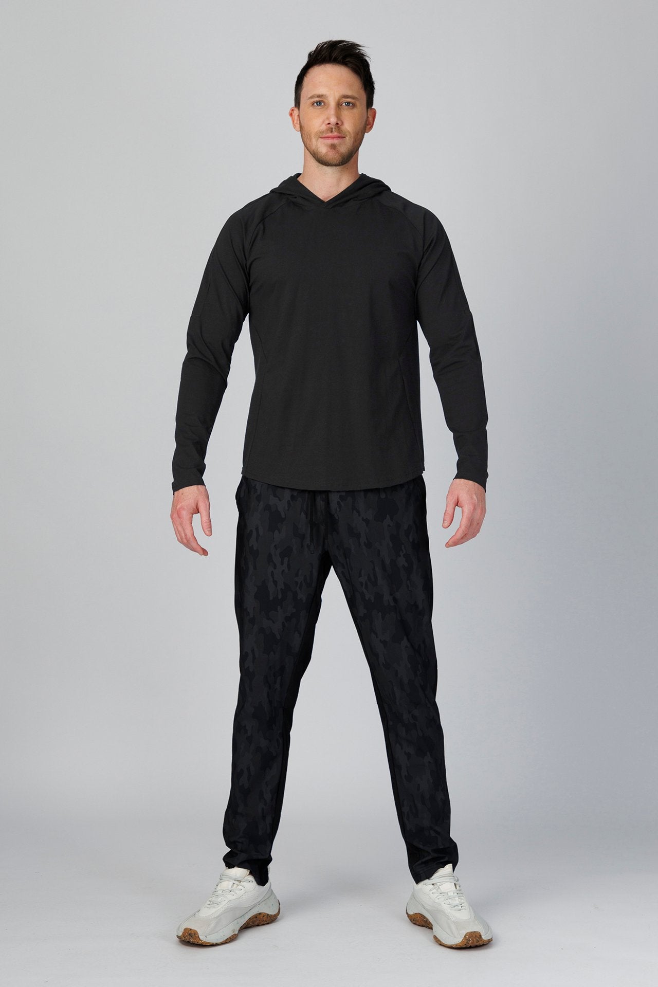 SPN22024 - Ultra Soft Stretch Cotton Essential Long Sleeve Hooded Tee - Black