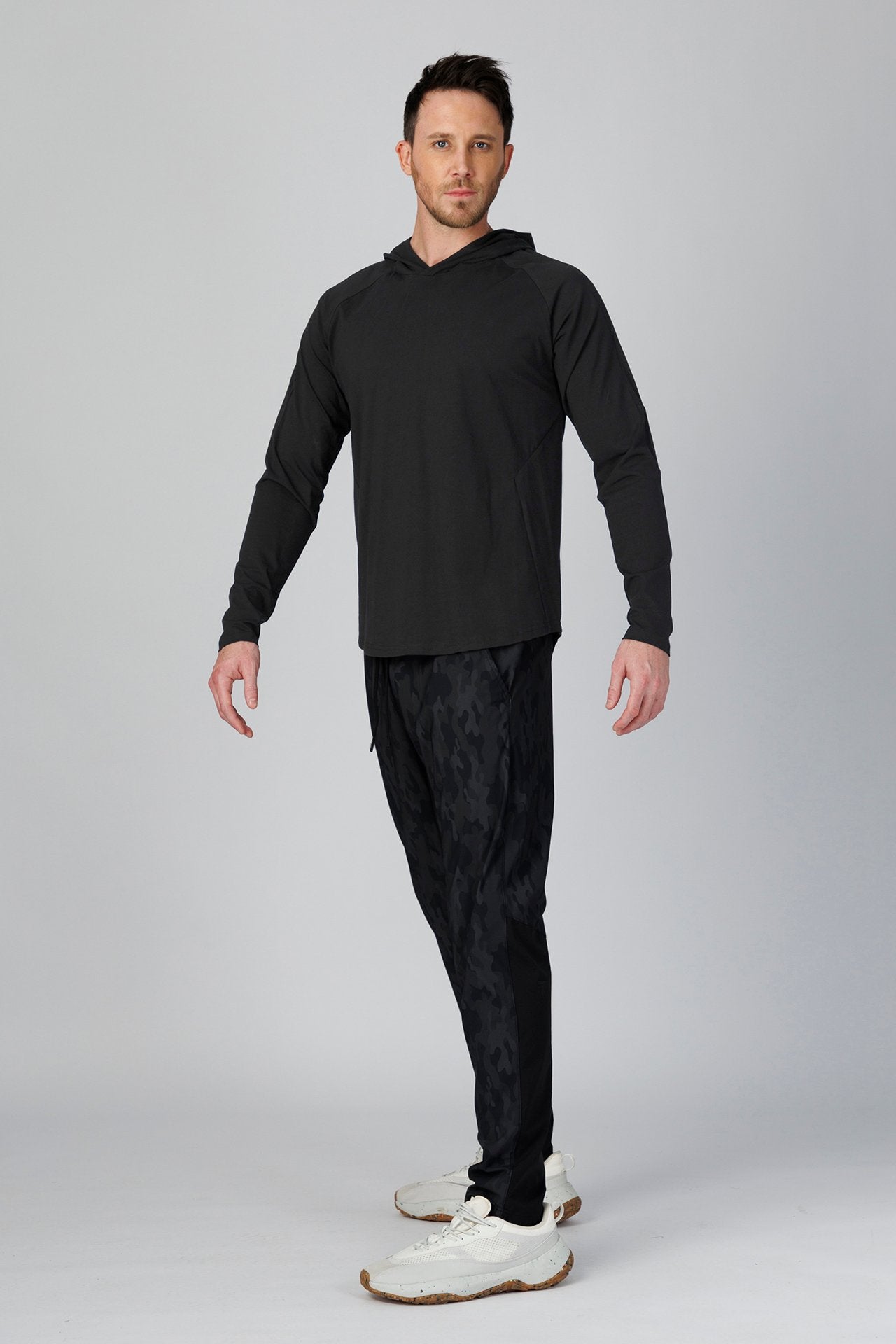 SPN22024 - Ultra Soft Stretch Cotton Essential Long Sleeve Hooded Tee - Black