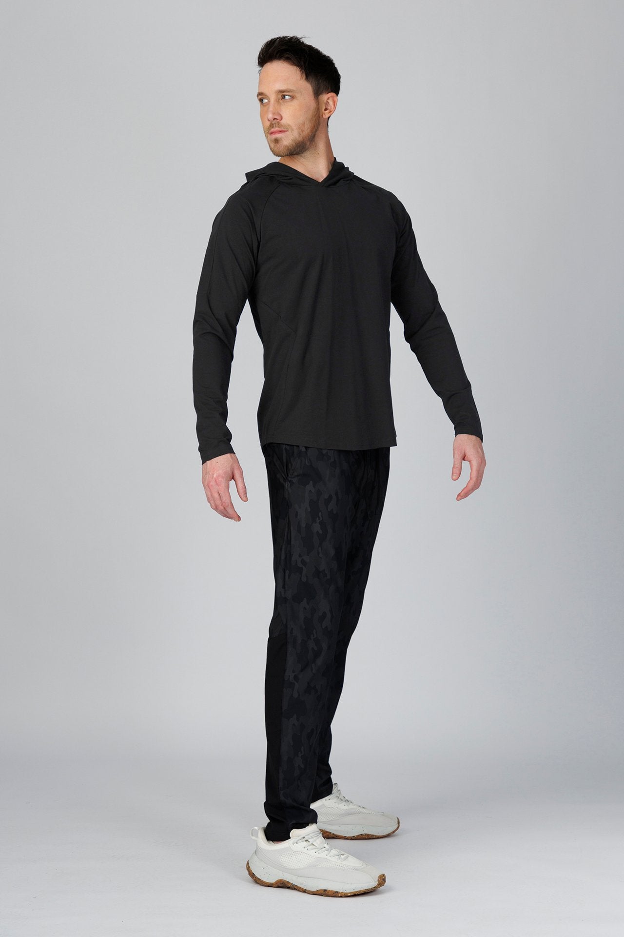 SPN22024 - Ultra Soft Stretch Cotton Essential Long Sleeve Hooded Tee - Black