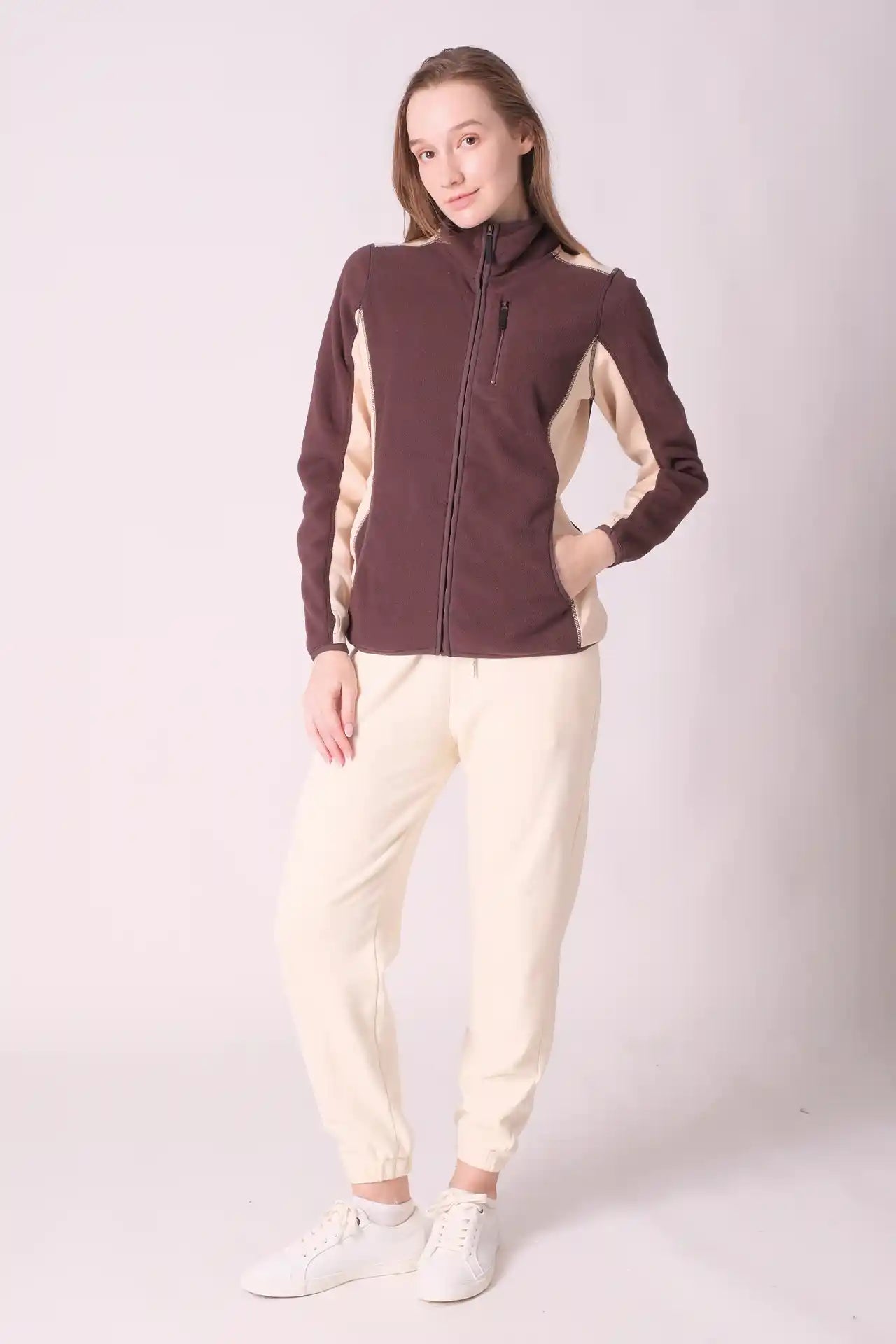 SPWO0046 - Women's Dual Fabric Side Panel Fleece Jacket - Brown