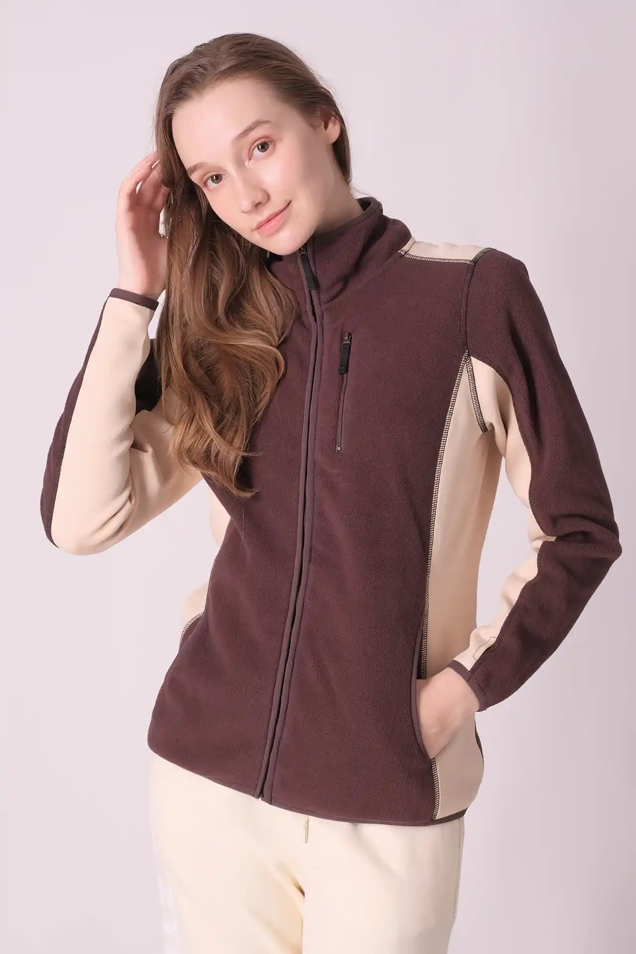 SPWO0046 - Women's Dual Fabric Side Panel Fleece Jacket - Brown