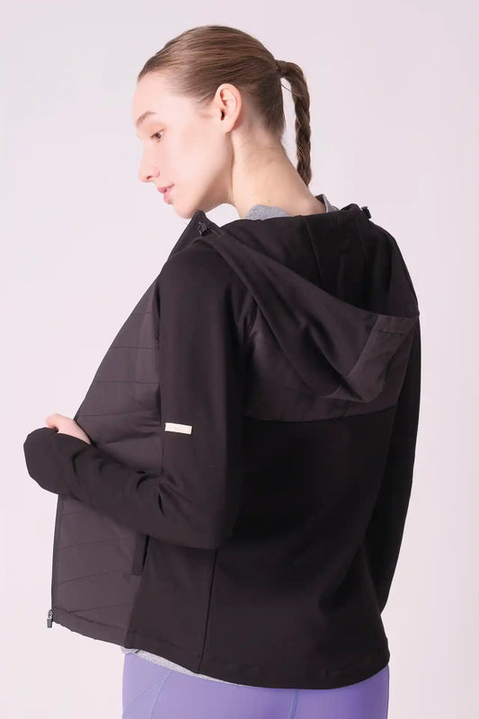 SPWO0077 - Women's Hooded Diagonal Quilted Jacket - Black