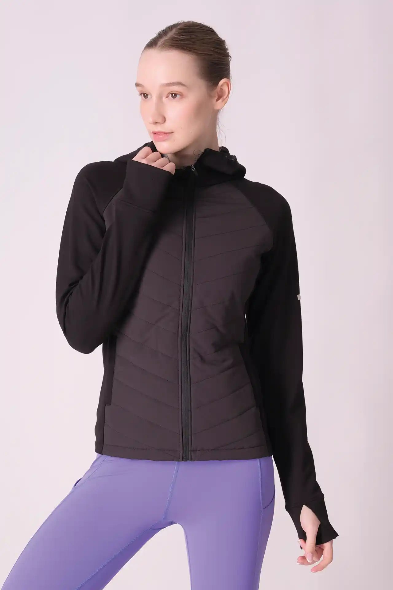 SPWO0077 - Women's Hooded Diagonal Quilted Jacket - Black