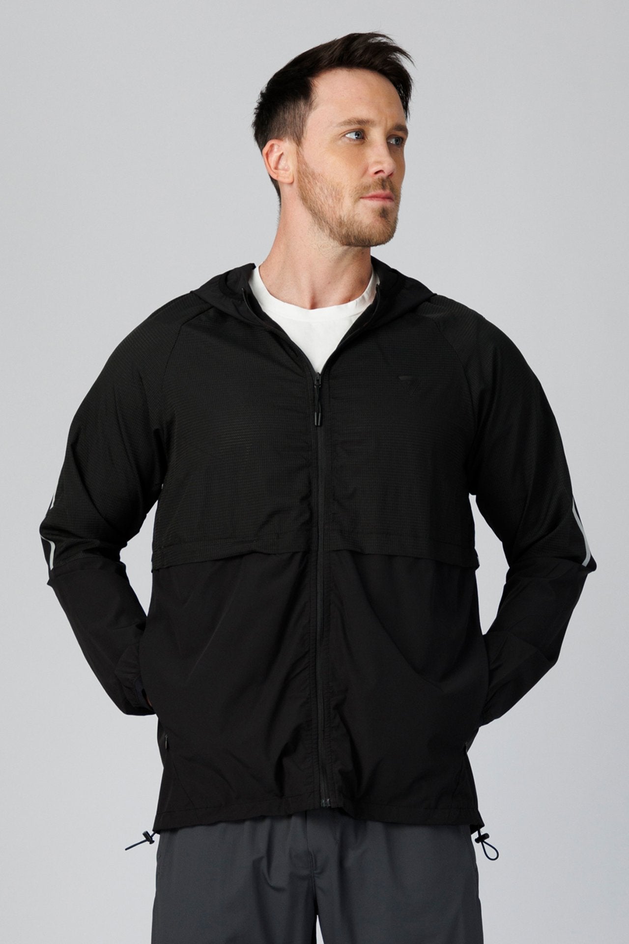 SPO0117 - Lightweight Stretch Ripstop Hooded Windbreaker Running Jacket - Black