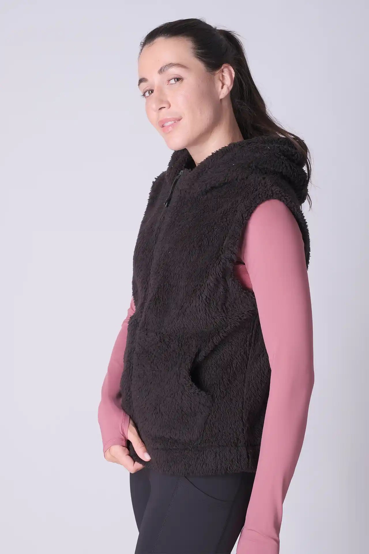 SPWO0124 - Women's Sherpa Fleece Hooded Vest - Black