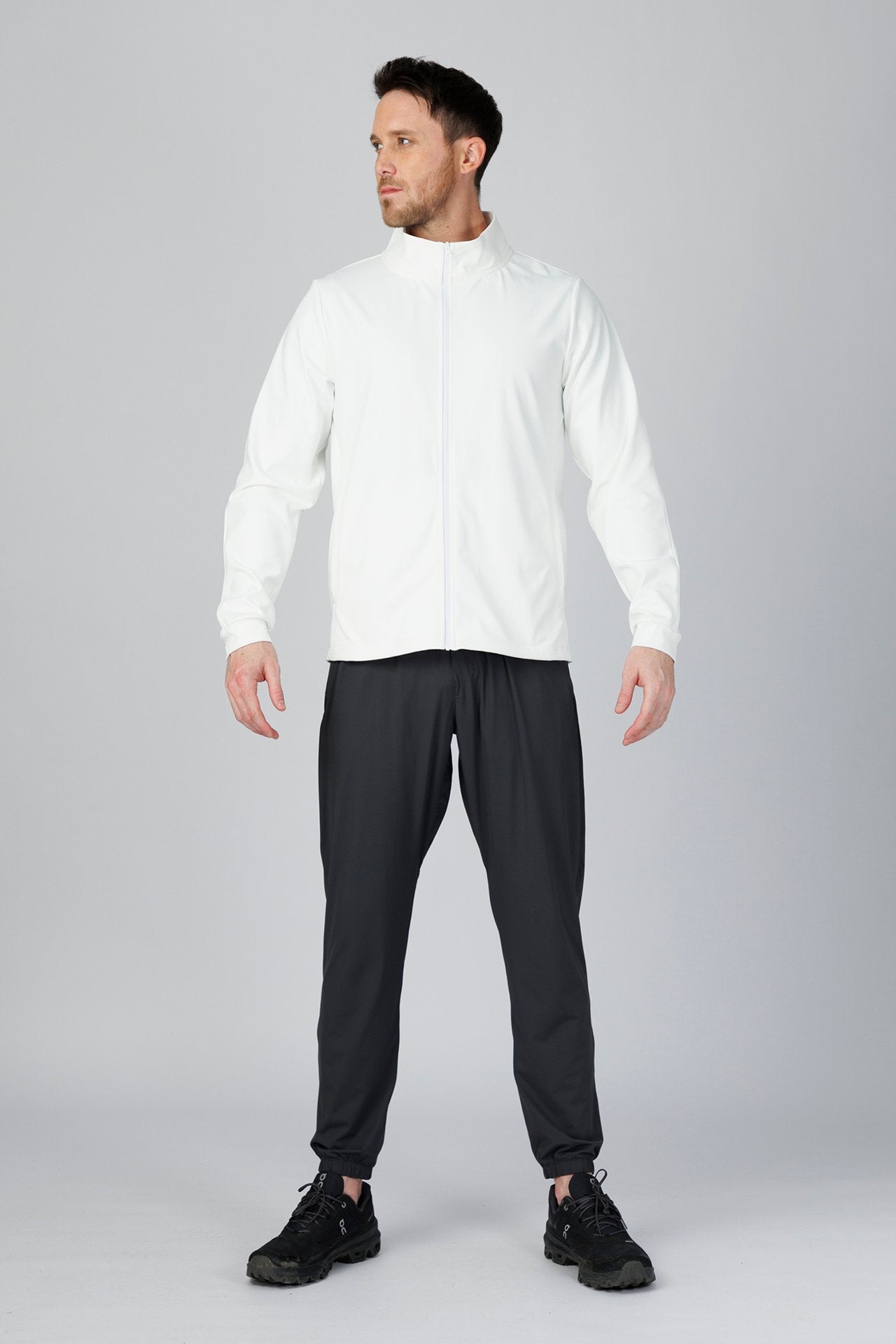 SPO0137 - Insulated 4-Way Stretch Interlock Mock Neck Piping Performance Jacket - White