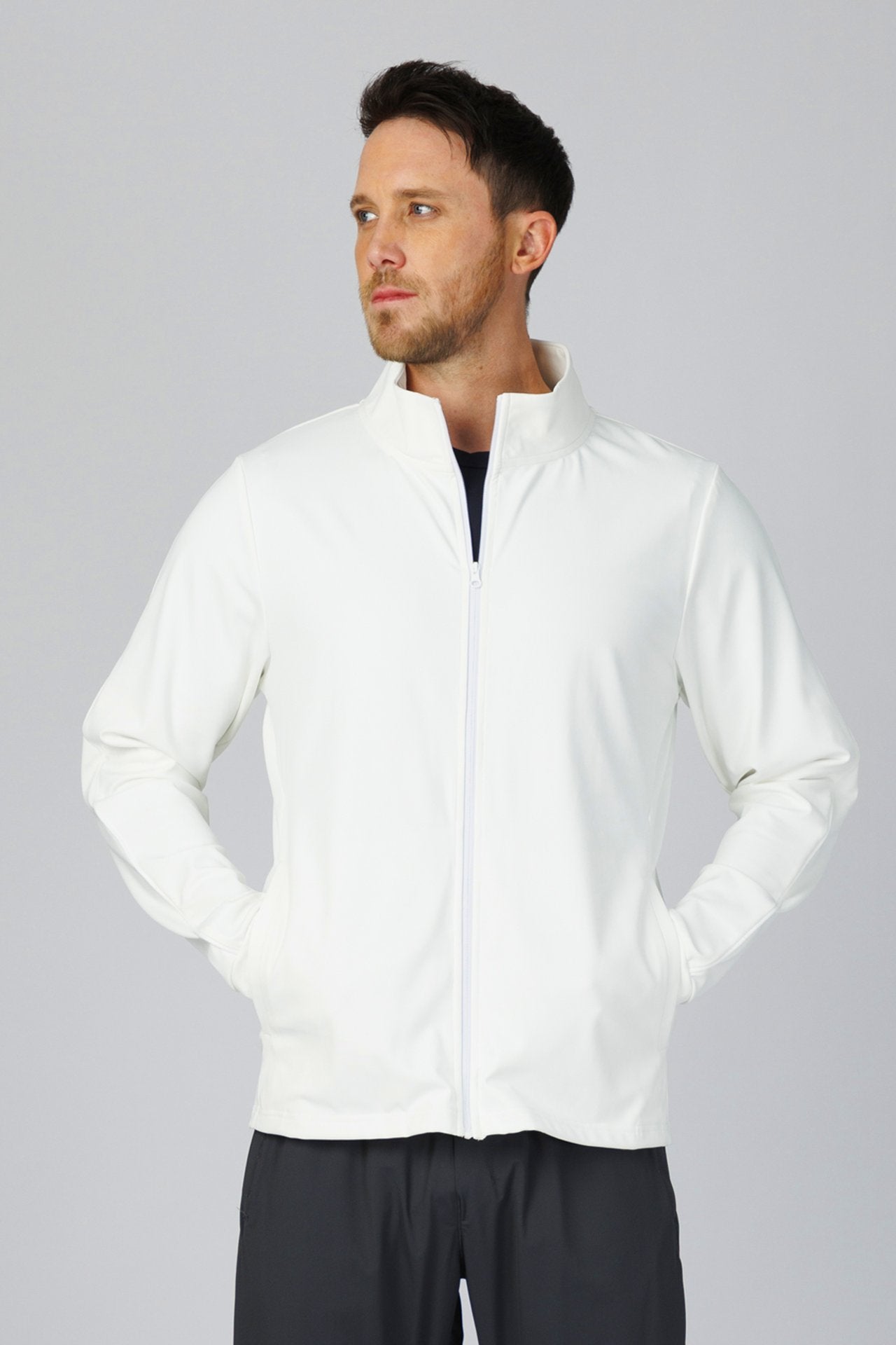 SPO0137 - Insulated 4-Way Stretch Interlock Mock Neck Piping Performance Jacket - White