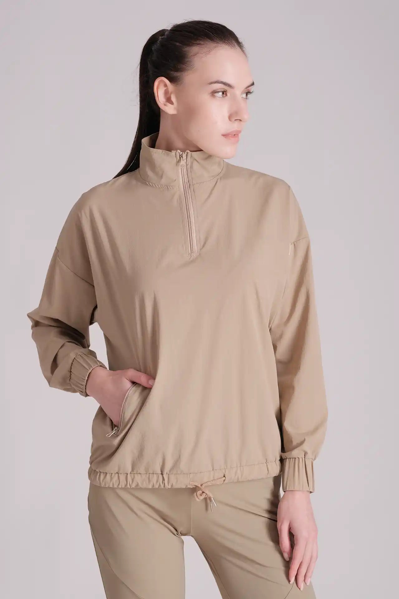 SPWO0155 - Women's Half-Zip Windbreaker Pull-on Jacket - Tan