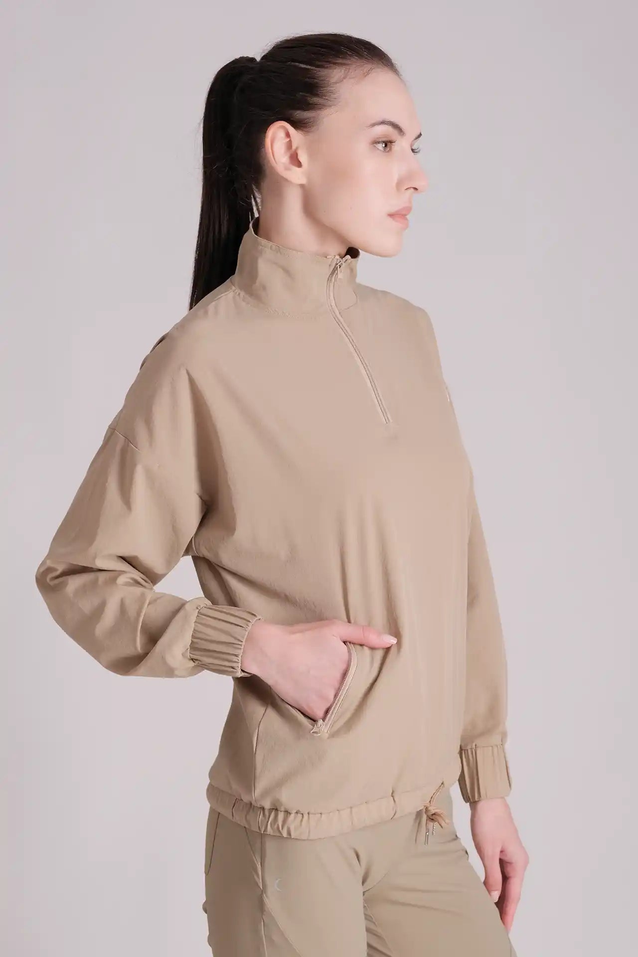 SPWO0155 - Women's Half-Zip Windbreaker Pull-on Jacket - Tan