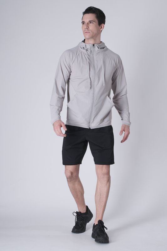 SPO0163 - Lightweight Stretch Nylon Workout Hooded Jacket - Light Grey
