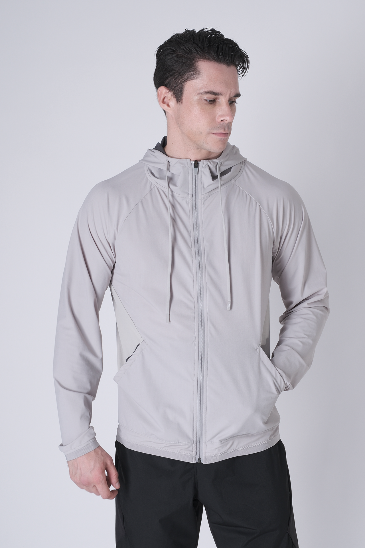 SPO0163 - Lightweight Stretch Nylon Workout Hooded Jacket - Light Grey