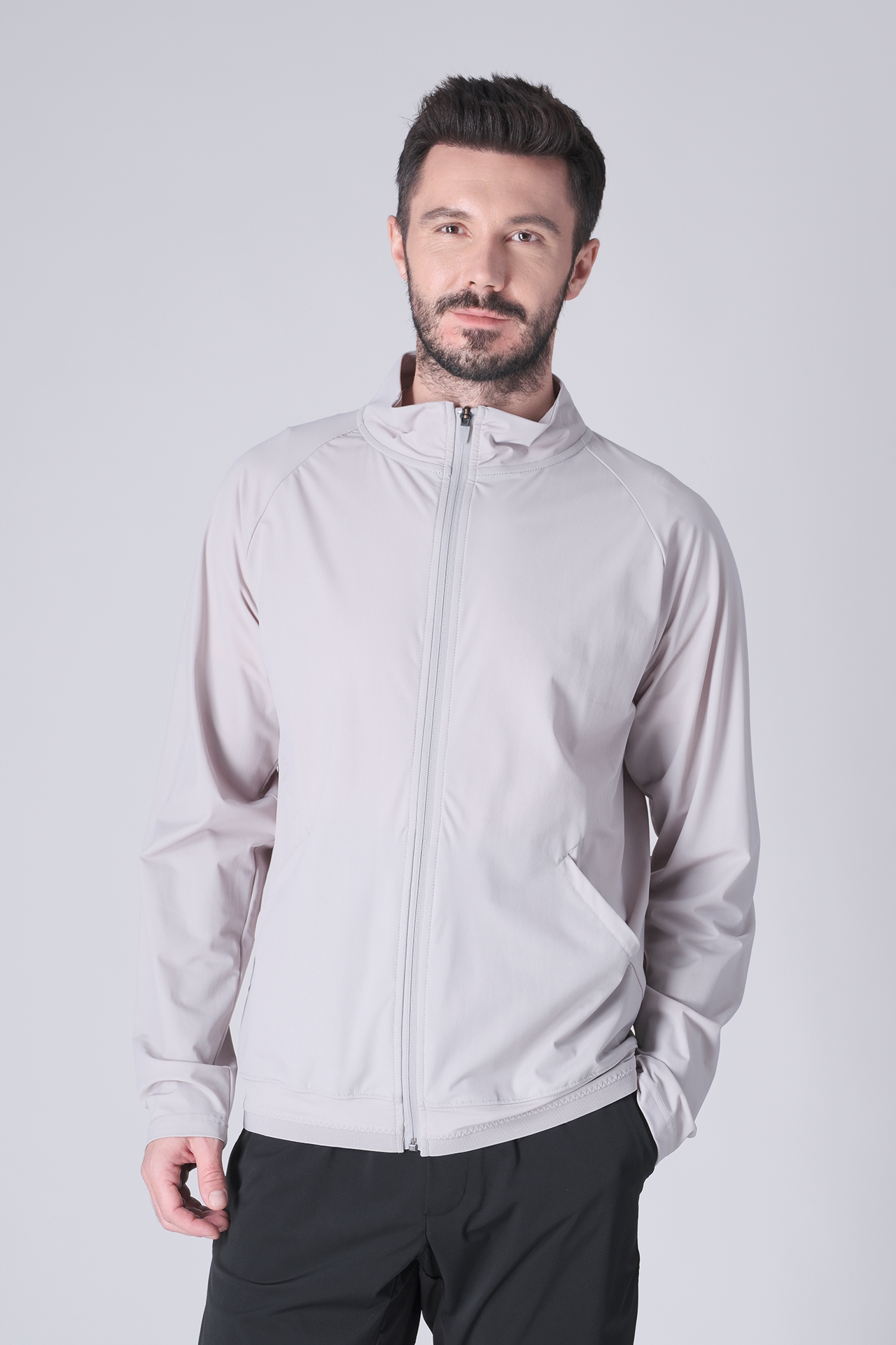 SPO0164 - Lightweight Stretch Nylon Workout Mock Neck Jacket - Light Grey