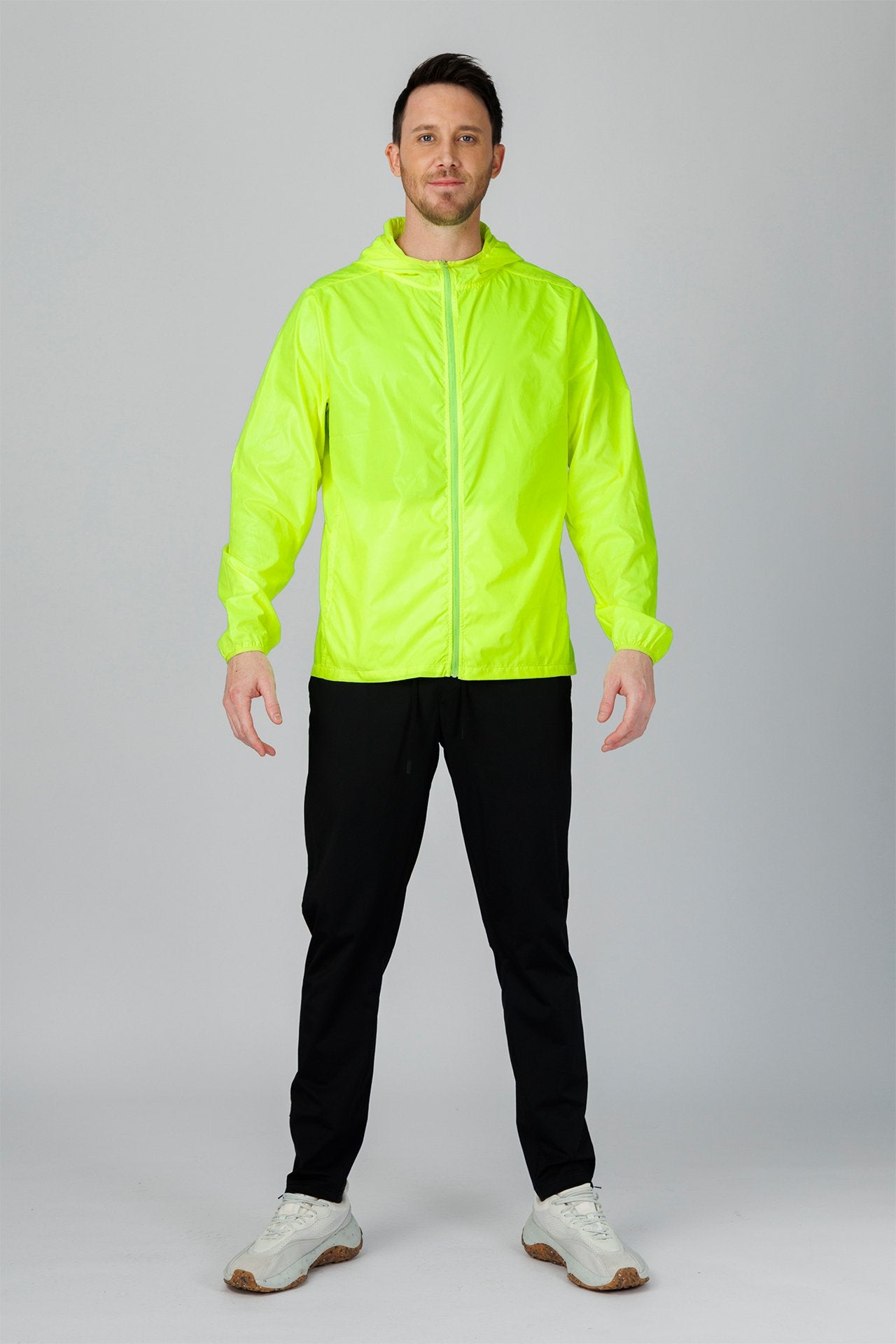 SPO0241 - Water Resistant Lightweight Full-Zip Packable Windbreaker Hooded Jacket - Neon Yellow