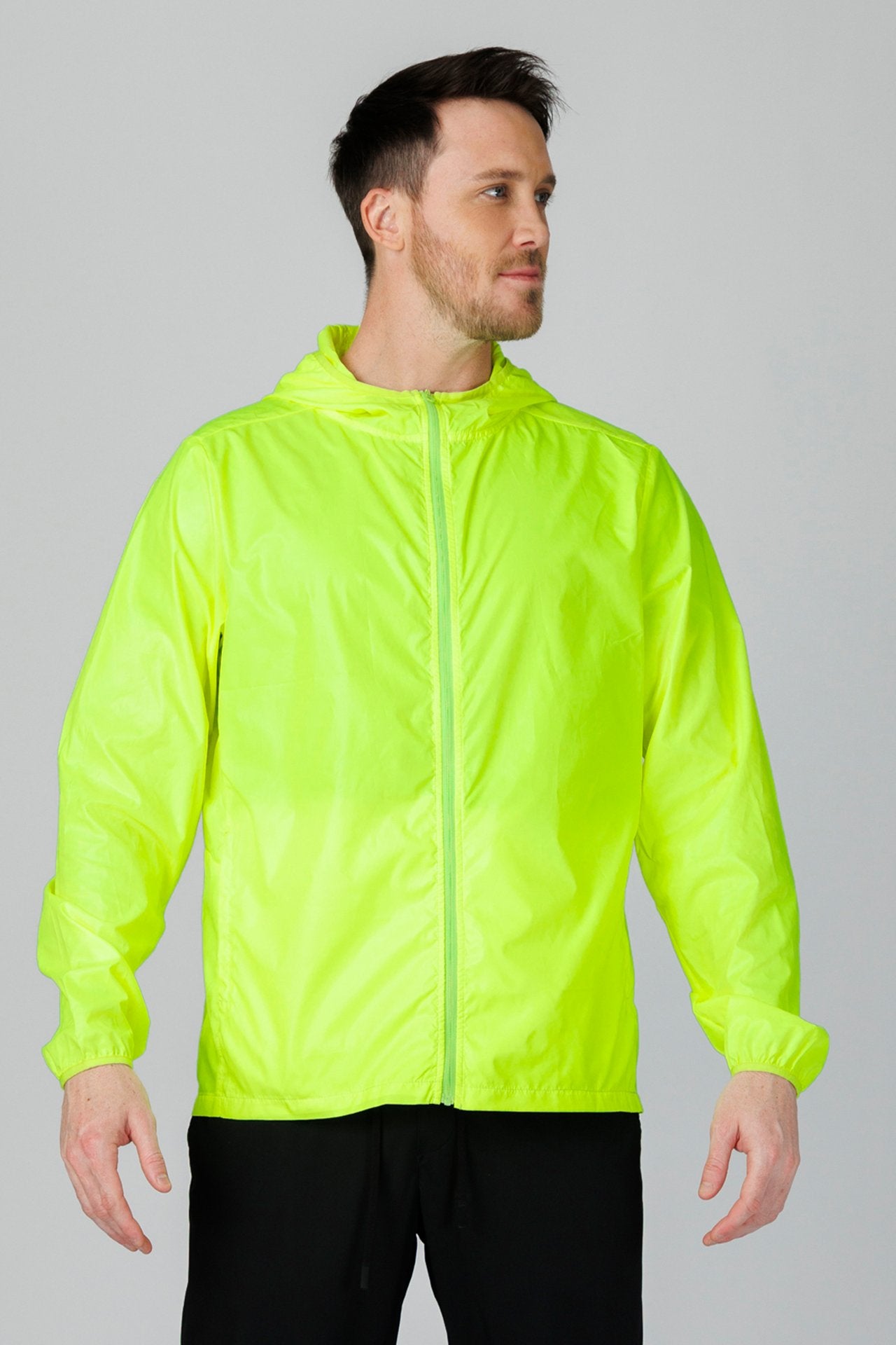 SPO0241 - Water Resistant Lightweight Full-Zip Packable Windbreaker Hooded Jacket - Neon Yellow