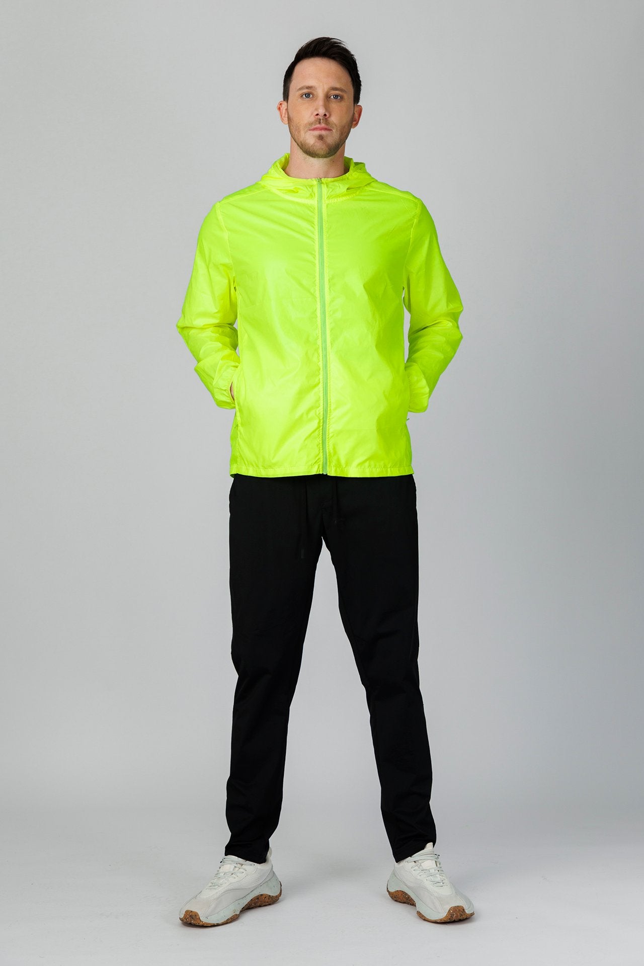 SPO0241 - Water Resistant Lightweight Full-Zip Packable Windbreaker Hooded Jacket - Neon Yellow