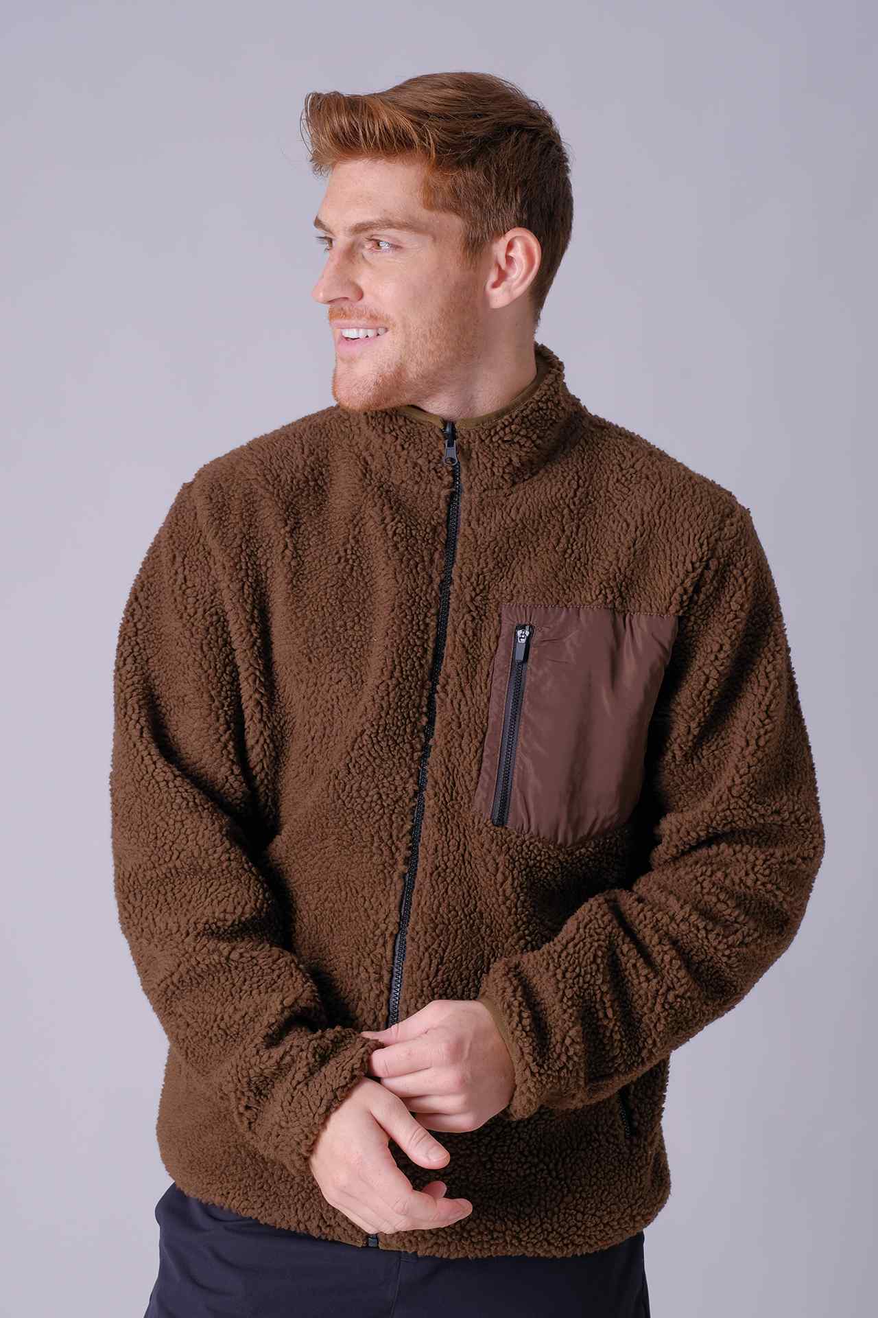 SPO22019 - Sustainable Reversible Boa Fleece Patched Pocket Jacket - Brown
