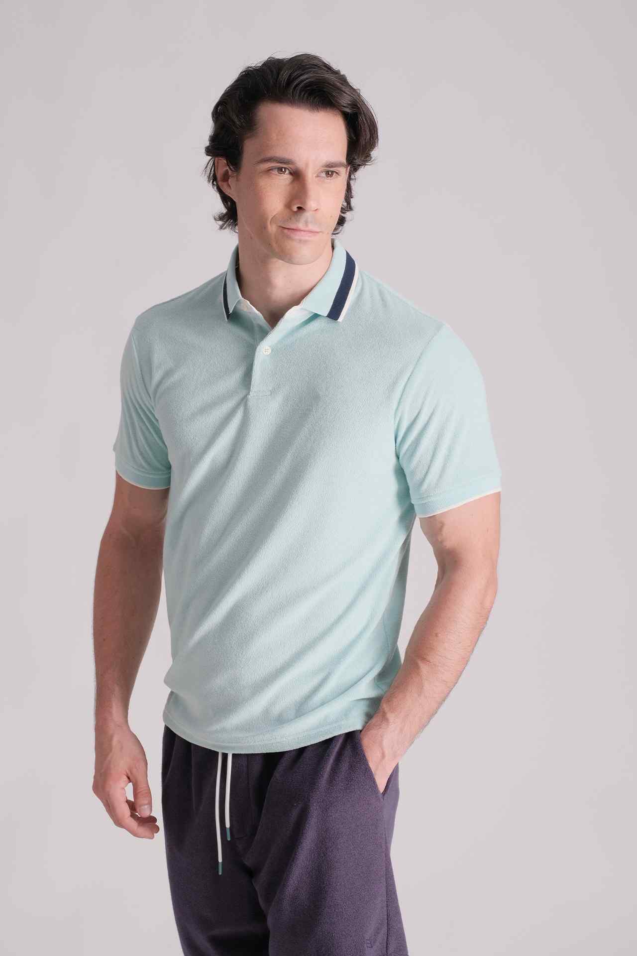 SPP0026 - Resort Towelling Stripe Collar Cotton Terry Velour Polo Shirt - Mint
