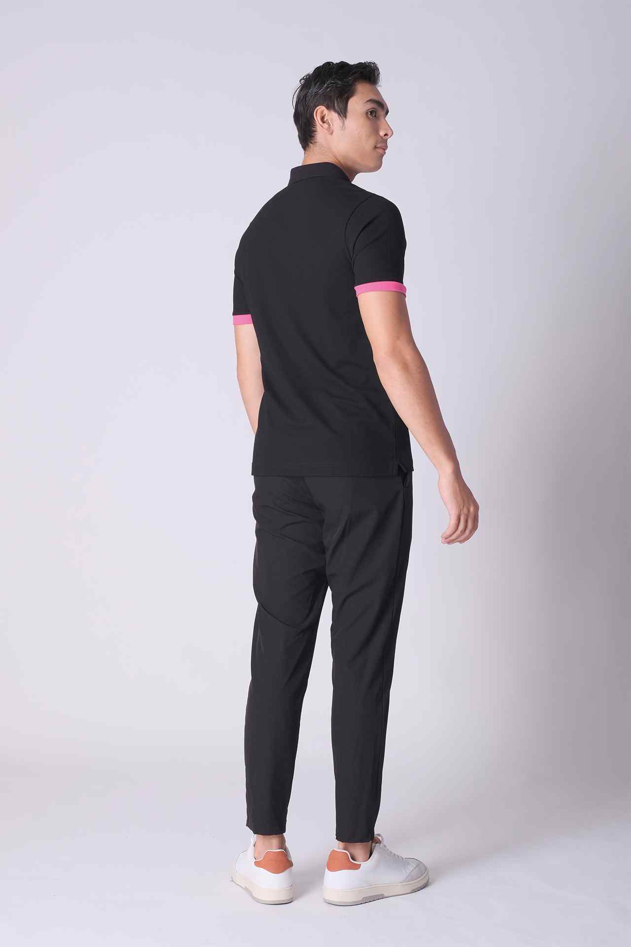 SPP0048 - Stretch Pique Color-Blocking Short Sleeve Polo Shirt - Black / Pink