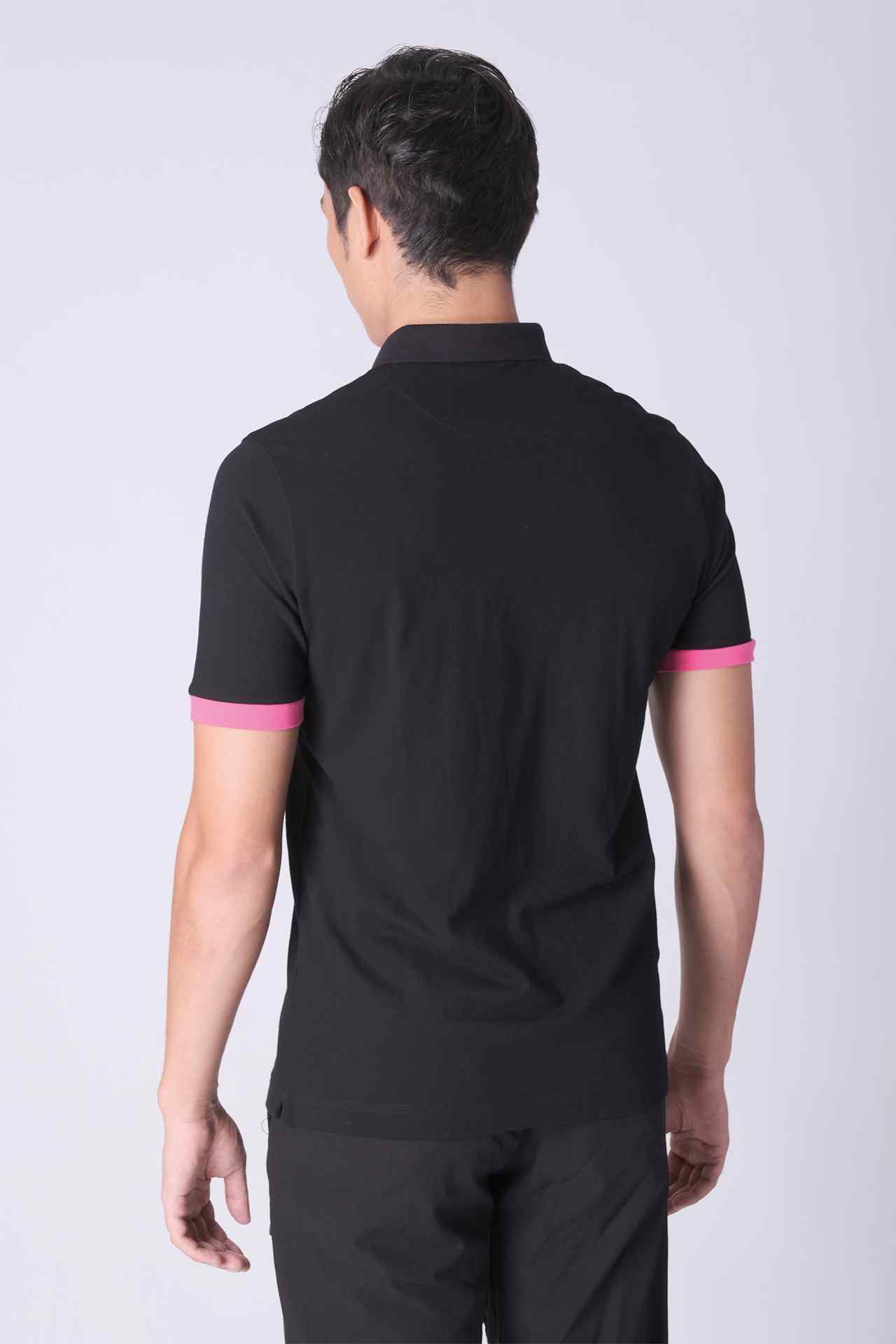 SPP0048 - Stretch Pique Color-Blocking Short Sleeve Polo Shirt - Black / Pink