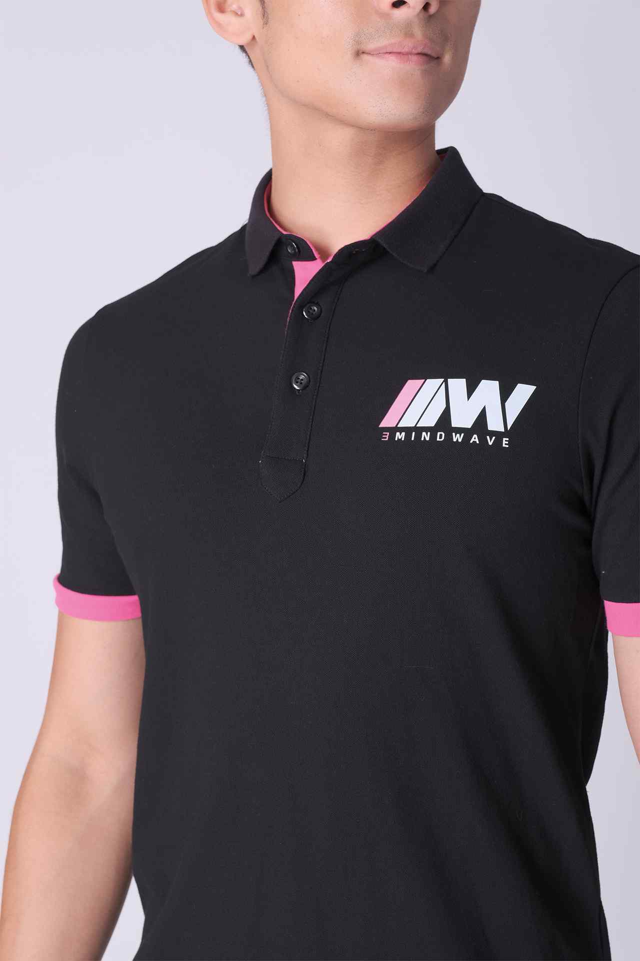 SPP0048 - Stretch Pique Color-Blocking Short Sleeve Polo Shirt - Black / Pink