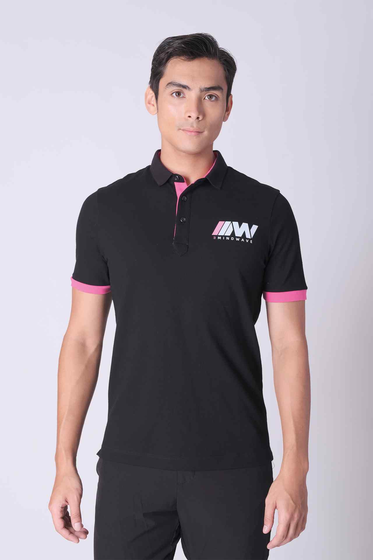 SPP0048 - Stretch Pique Color-Blocking Short Sleeve Polo Shirt - Black / Pink