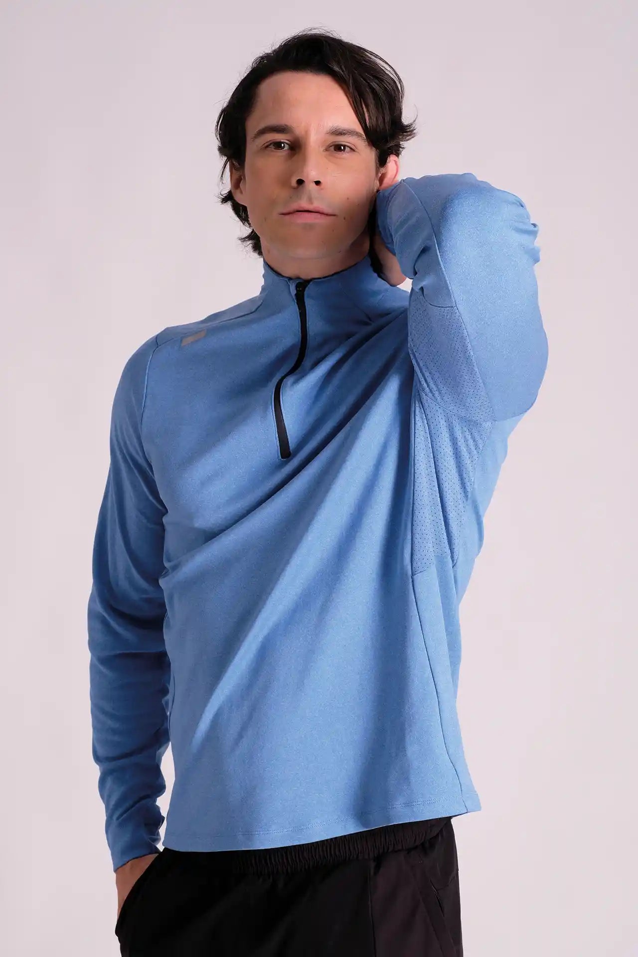 SPR0004 - Mid-weight Mock Neck Long Sleeve Half Zip Running Top - Heather Blue