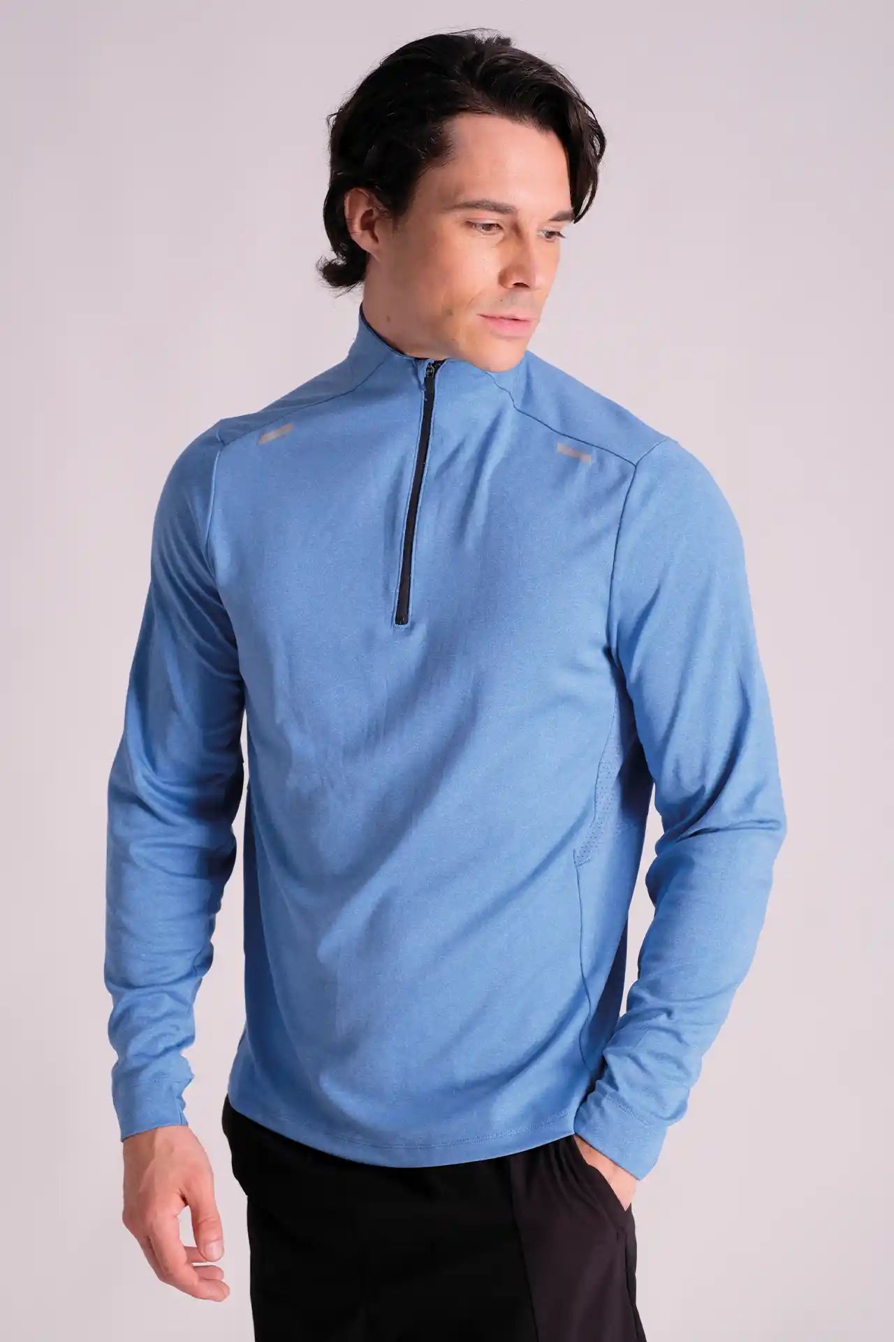 SPR0004 - Mid-weight Mock Neck Long Sleeve Half Zip Running Top - Heather Blue