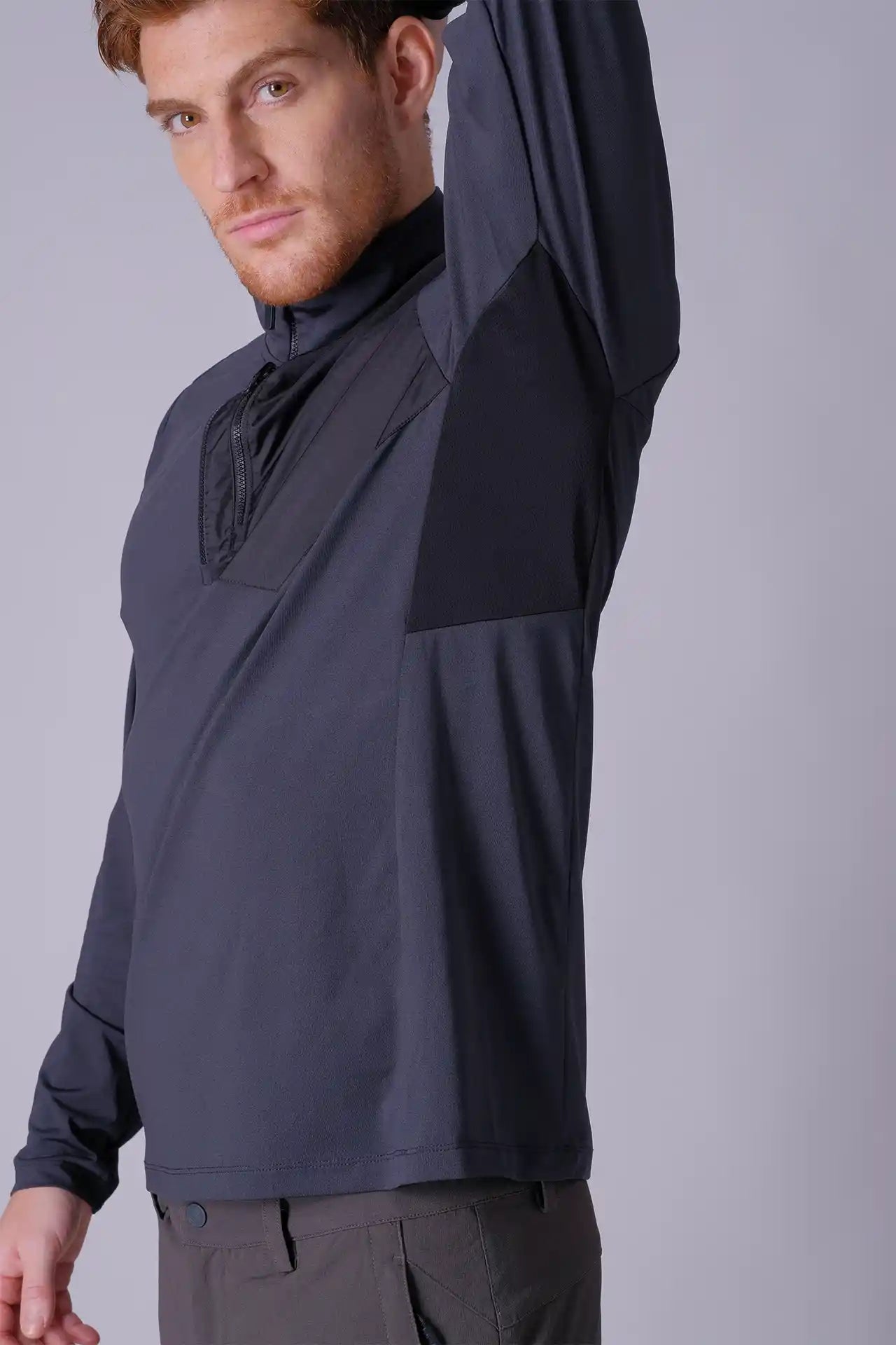 SPR0013 - Stretch Thermal Mock Neck Active Half Zip Pullover - Dark Grey