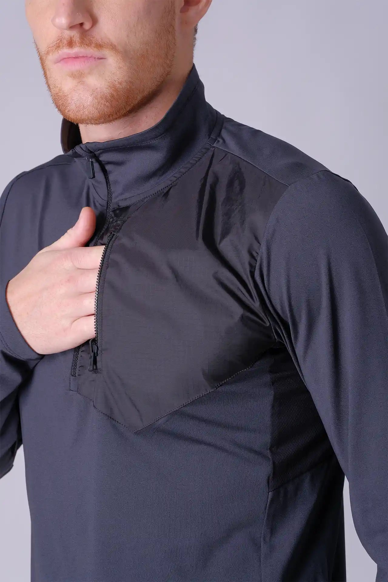 SPR0013 - Stretch Thermal Mock Neck Active Half Zip Pullover - Dark Grey