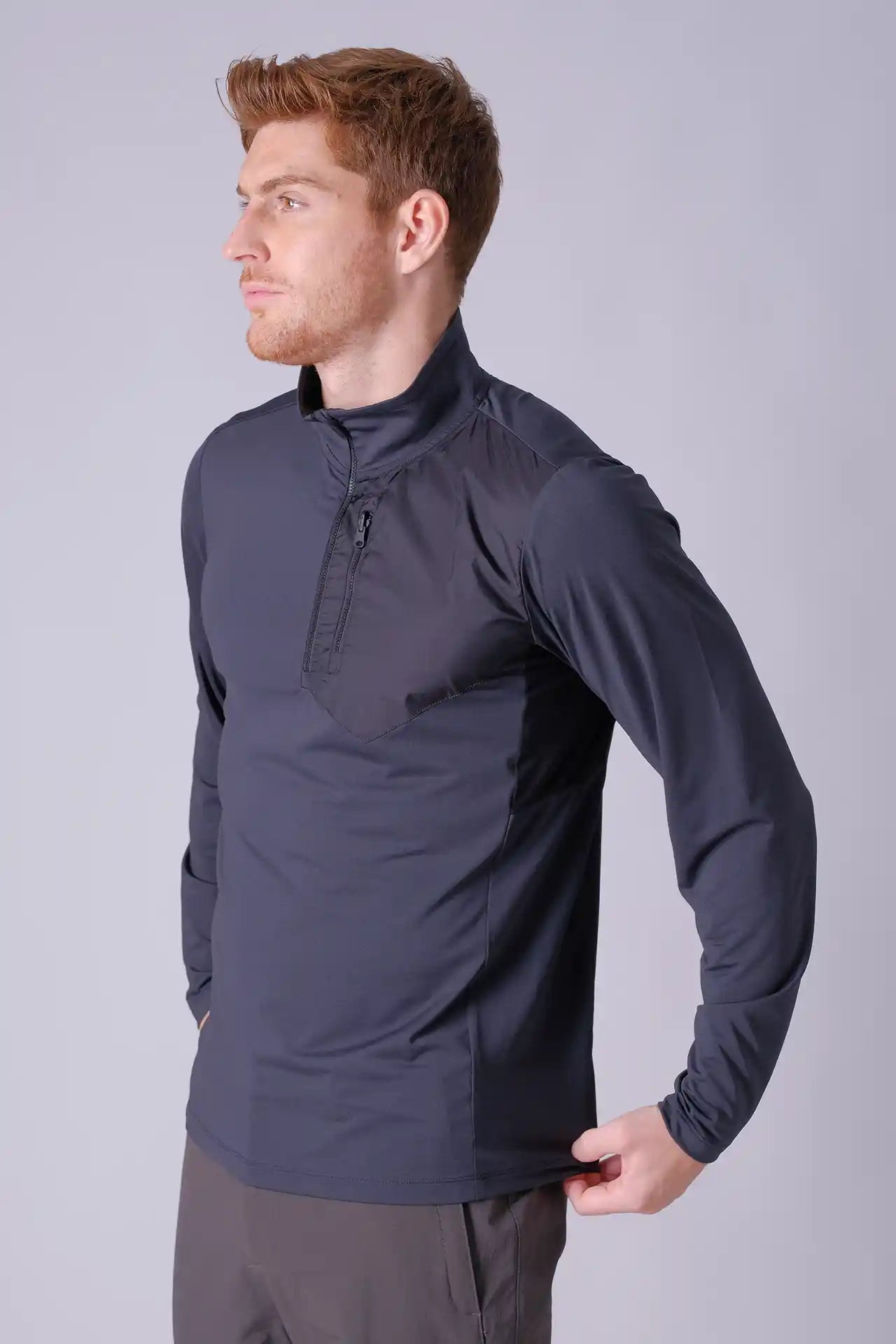 SPR0013 - Stretch Thermal Mock Neck Active Half Zip Pullover - Dark Grey
