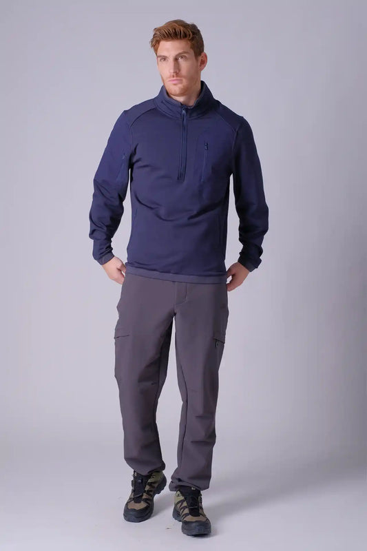 SPR0014 - Stretch Thermal Fleece Mock Neck Insulated Outdoor Half Zip Pullover - Navy