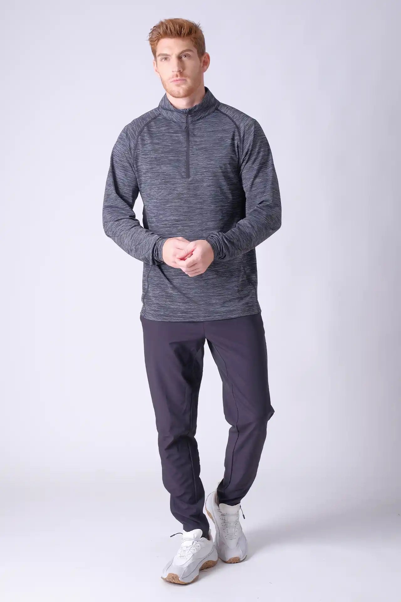 SPR0015 - Light-weight Back Mesh Stretch Workout Half-Zip Top - Heather Black