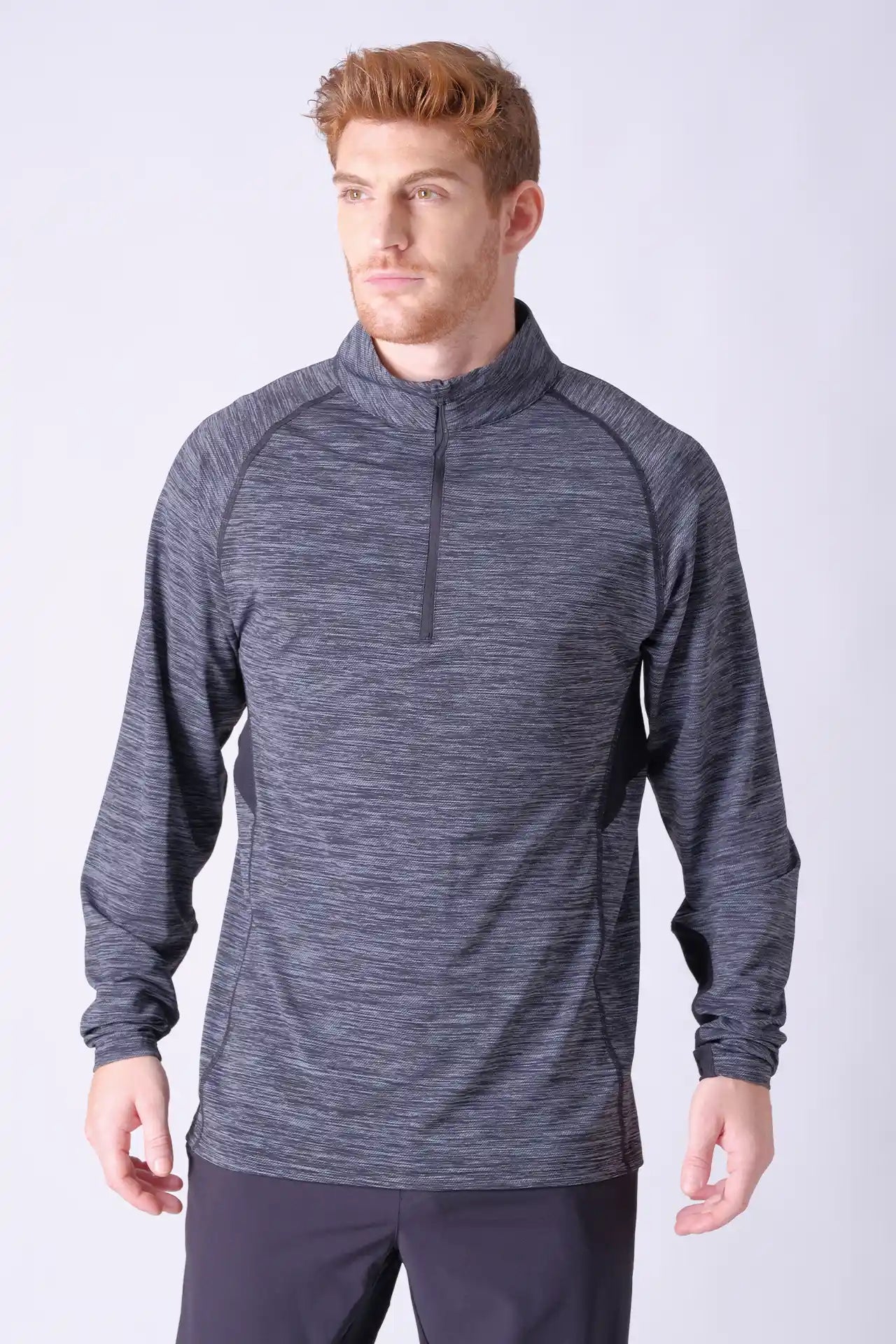 SPR0015 - Light-weight Back Mesh Stretch Workout Half-Zip Top - Heather Black