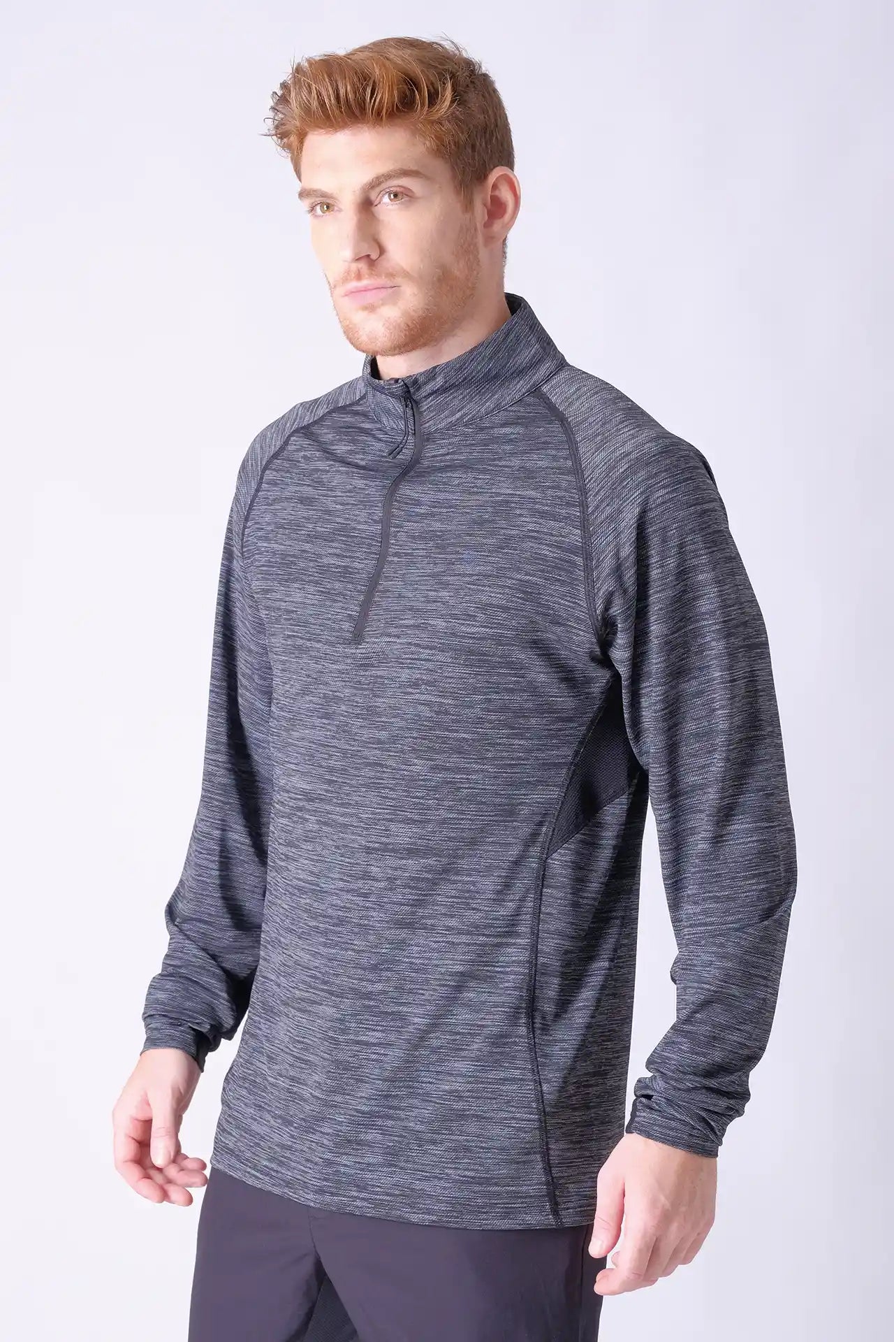 SPR0015 - Light-weight Back Mesh Stretch Workout Half-Zip Top - Heather Black