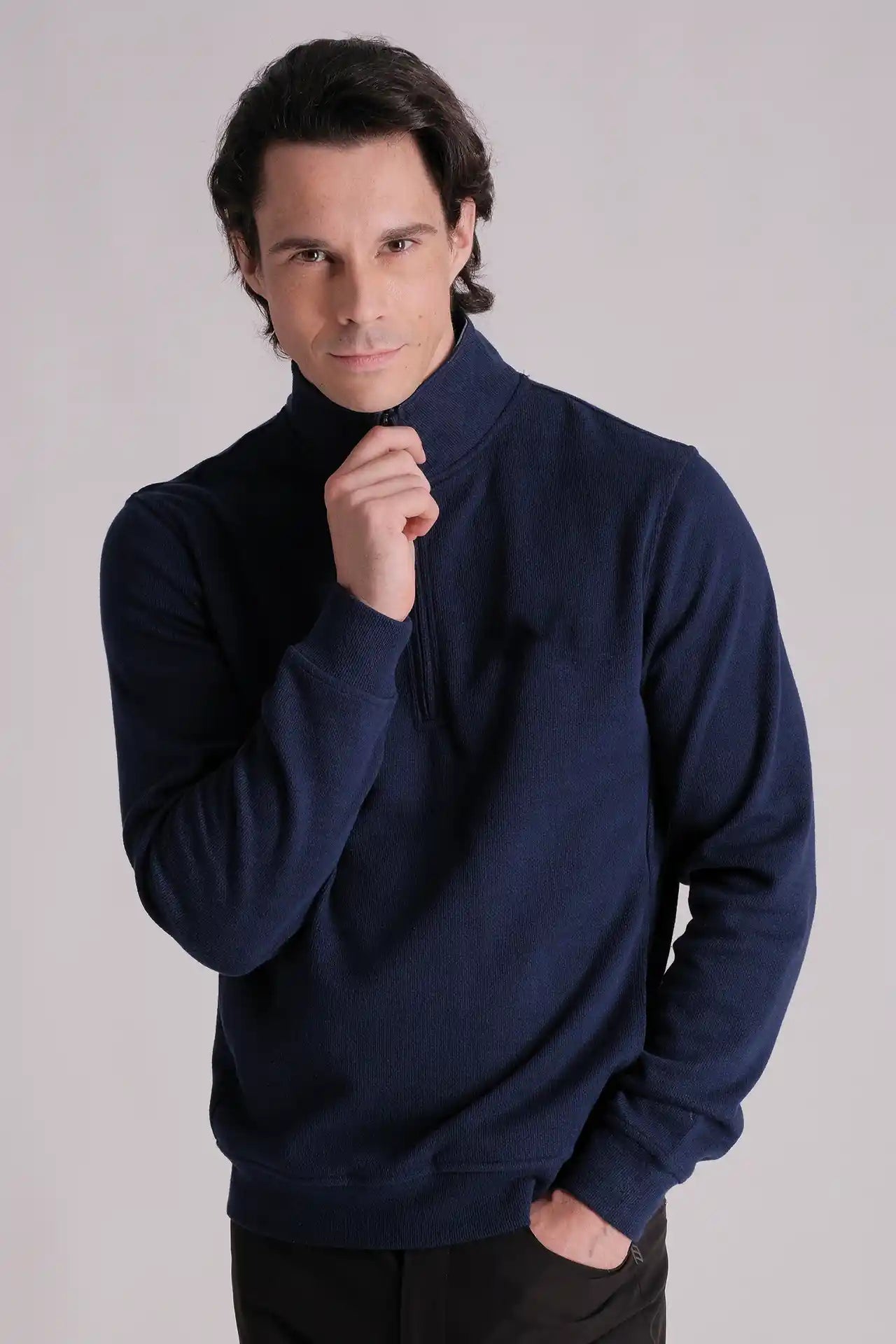 SPR0017 - Textured Half-zip Mock Neck Sweatshirt - Navy