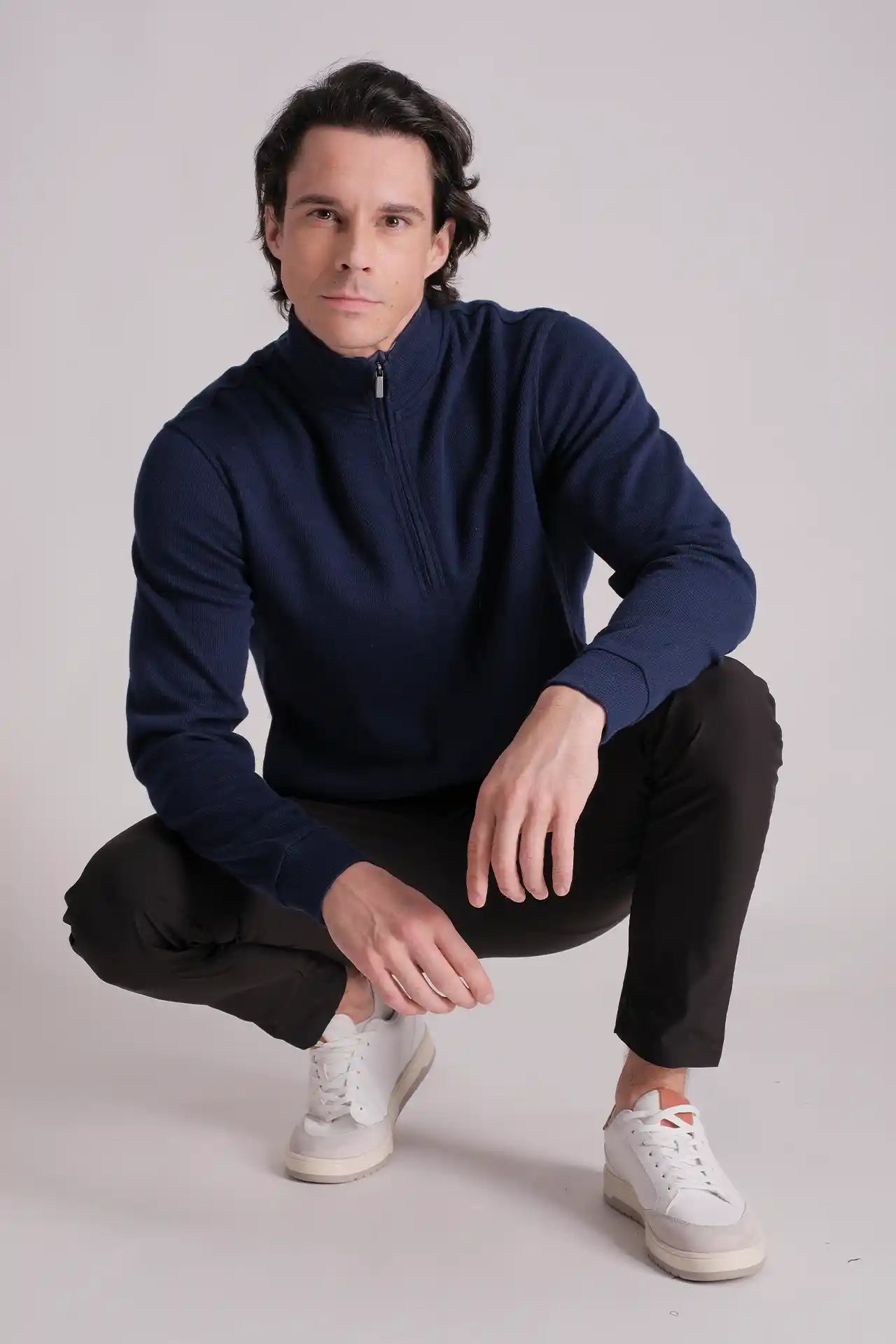 SPR0017 - Textured Half-zip Mock Neck Sweatshirt - Navy
