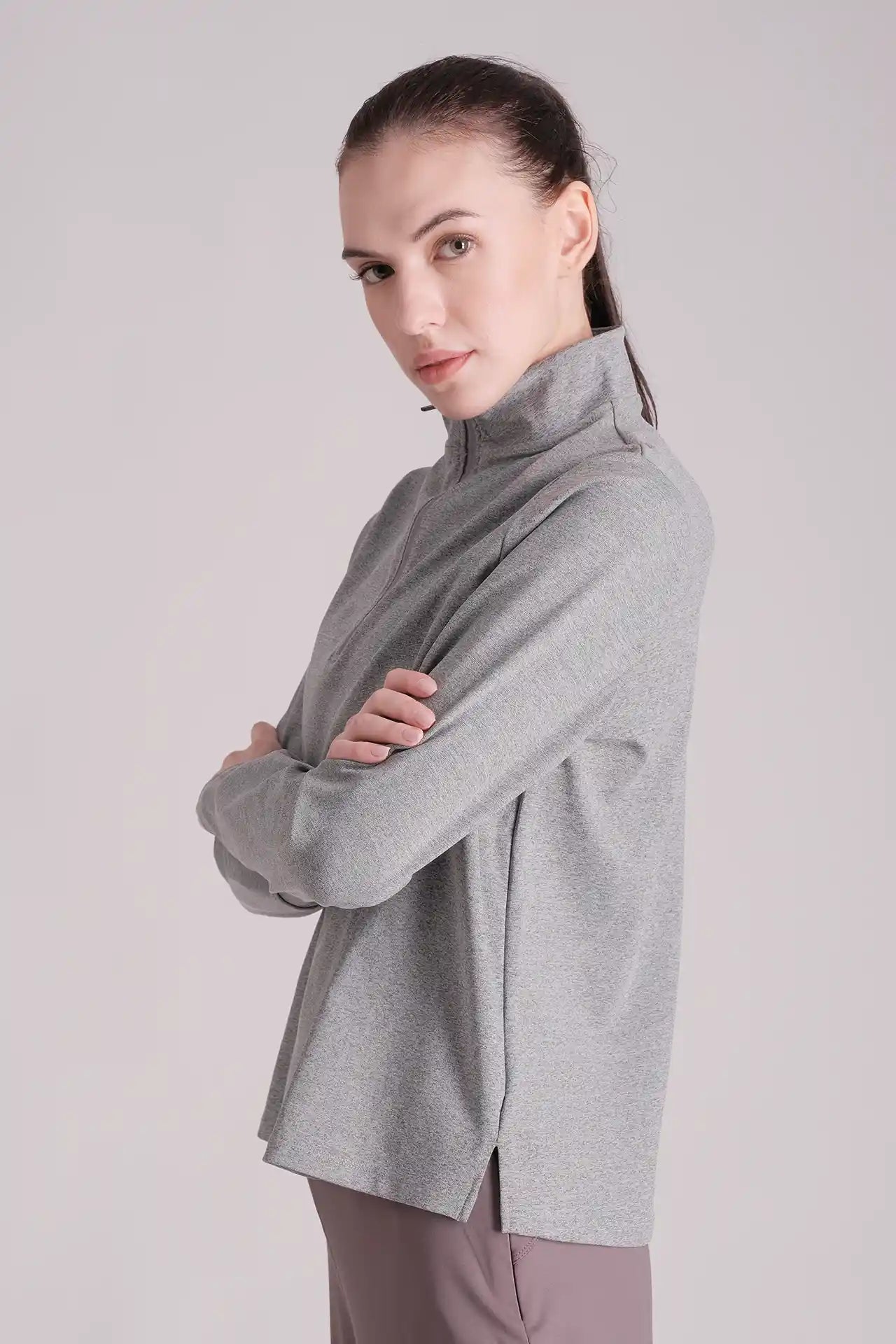 SPWR0025 - Women's Turtle Neck Half Zip Sweatshirt - Grey