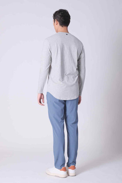 SPJ0140 - Ultra Soft Stretch Curve-Hem Long Sleeve Henley - Heather Grey