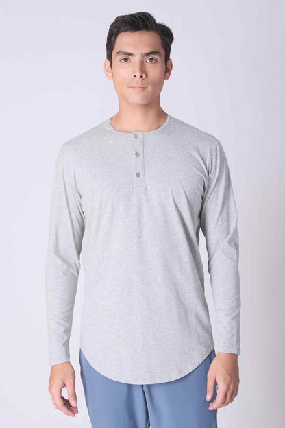 SPJ0140 - Ultra Soft Stretch Curve-Hem Long Sleeve Henley - Heather Grey