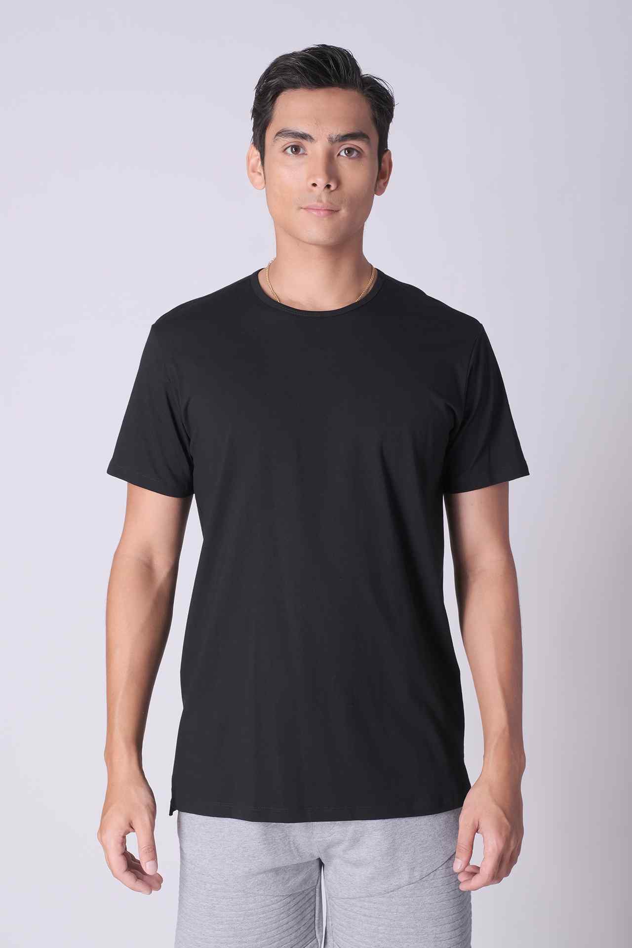 SPJ0143 - Essential Stretch Cotton Side Splits Short Sleeve Tee - Black