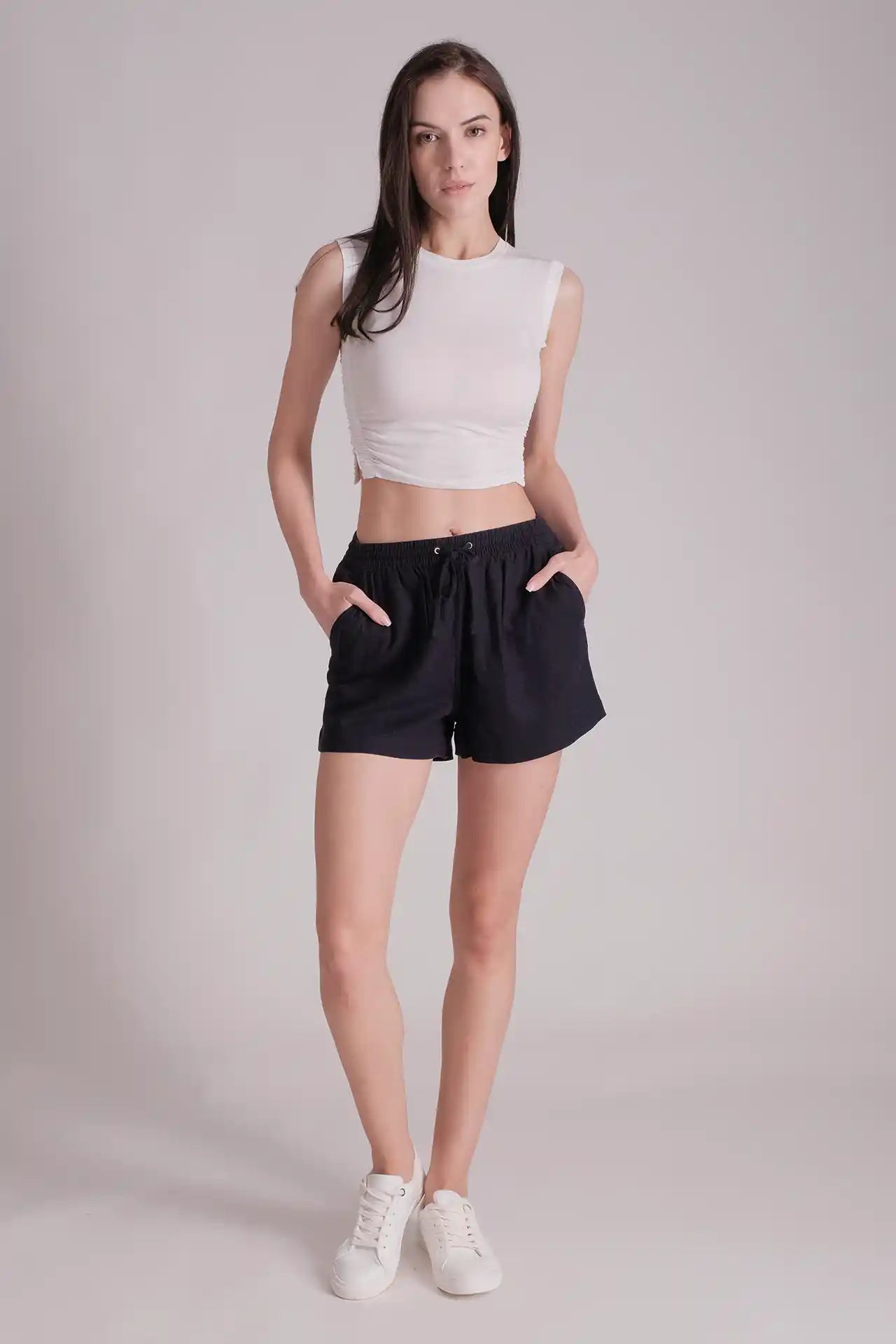 SPWJ0229 - Women's Essential Ruched Side Sleeveless Crop Tee - White