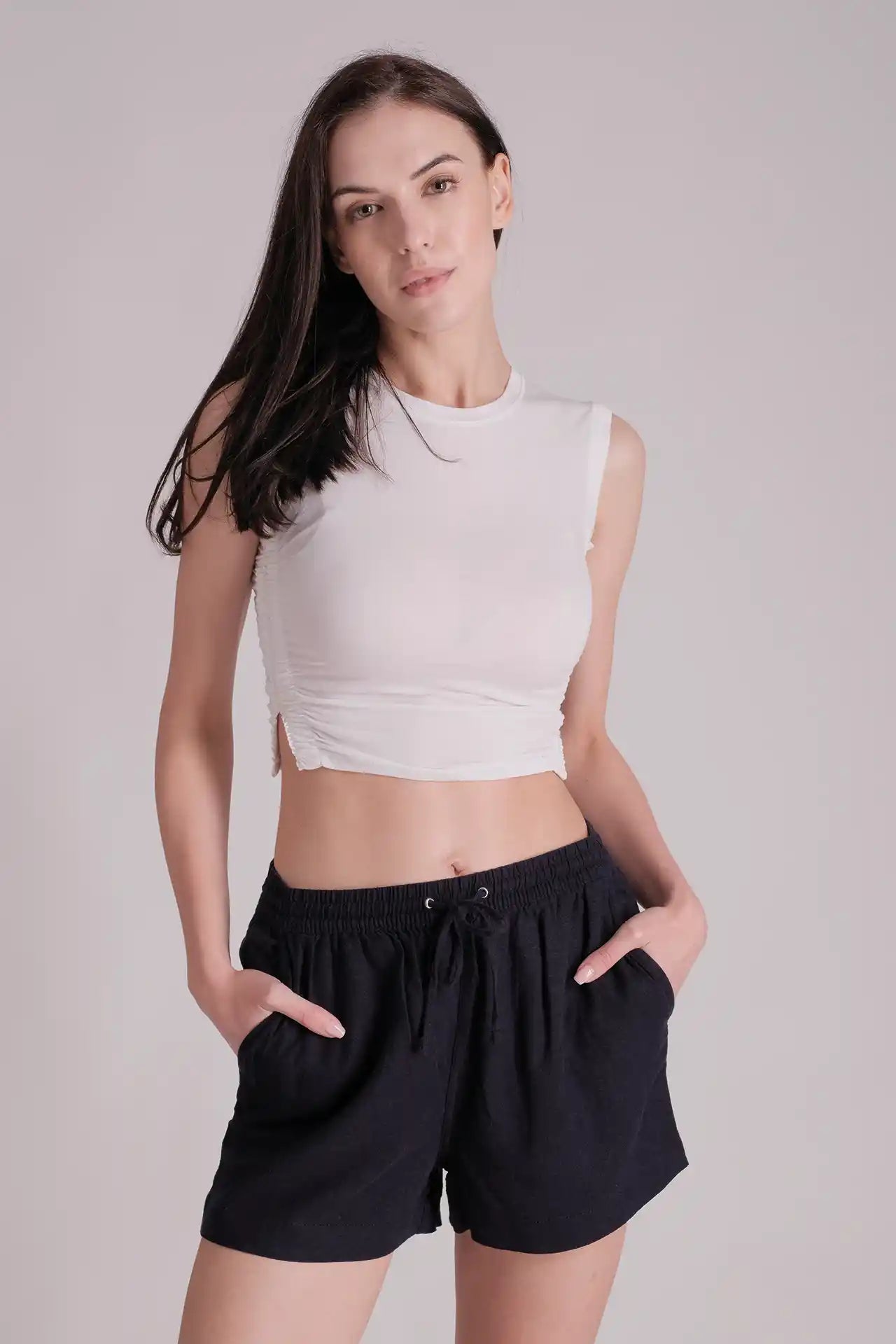 SPWJ0229 - Women's Essential Ruched Side Sleeveless Crop Tee - White