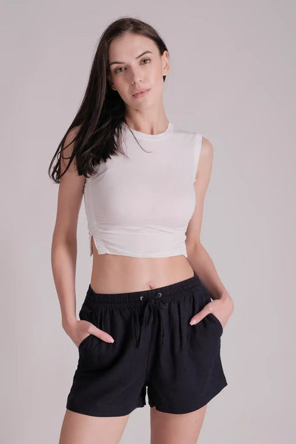 SPWJ0229 - Women's Essential Ruched Side Sleeveless Crop Tee - White