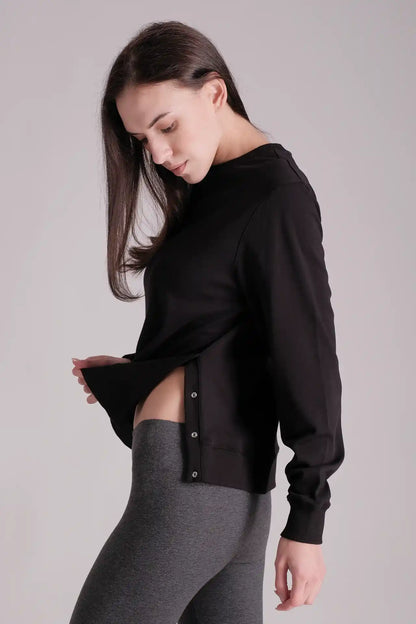 SPWJ0321 - Women's Essential Side Snap LS Sweat Shirt - Black