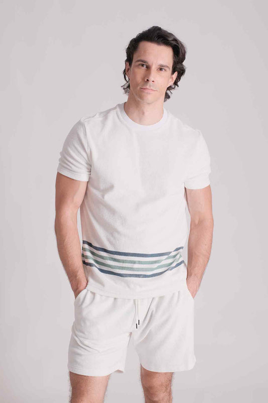 SPJ0330 - Block Stripe Cotton Terry Velour Resort Tee - White