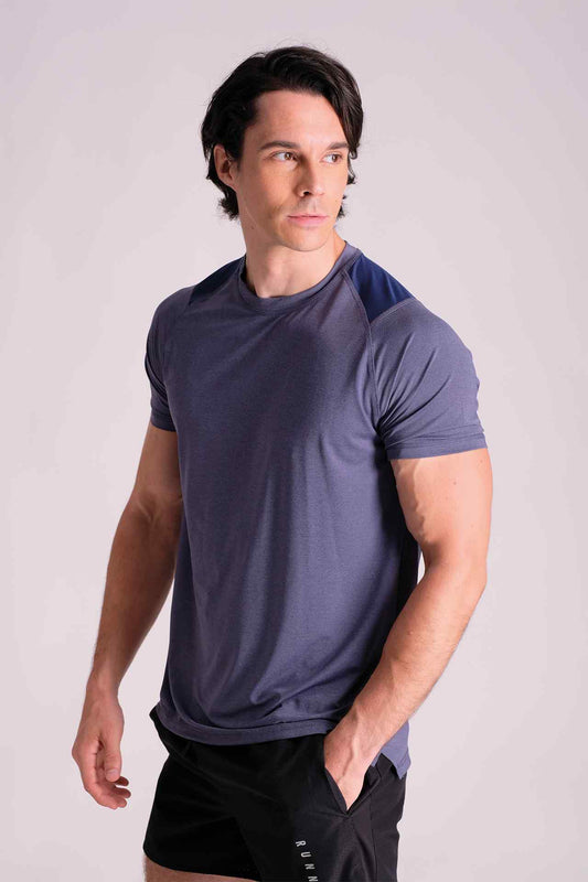 SPJ0338 - Sweat-Wicking Shoulder Mesh Active Tee - Heather Blue