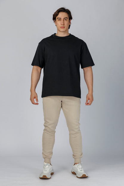 SPJ0350 - Relaxed Fit Mock Neck Straight-Hem Heavyweight Cotton Tee - Black