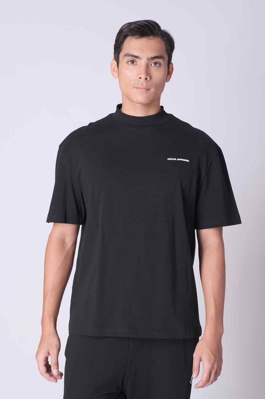 SPJ0350 - Relax Fit Mock Neck Straight-Hem Heavyweight Cotton Tee - Black
