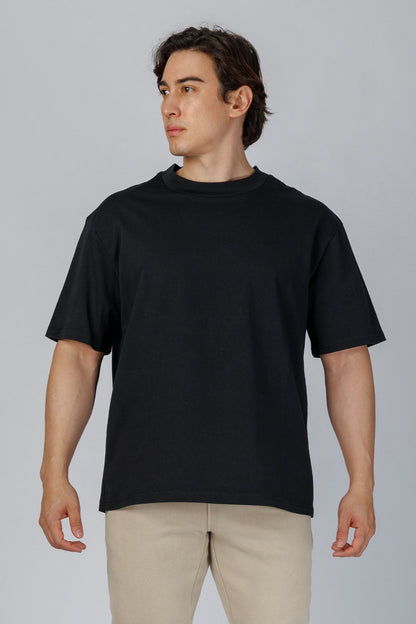 SPJ0350 - Relaxed Fit Mock Neck Straight-Hem Heavyweight Cotton Tee - Black