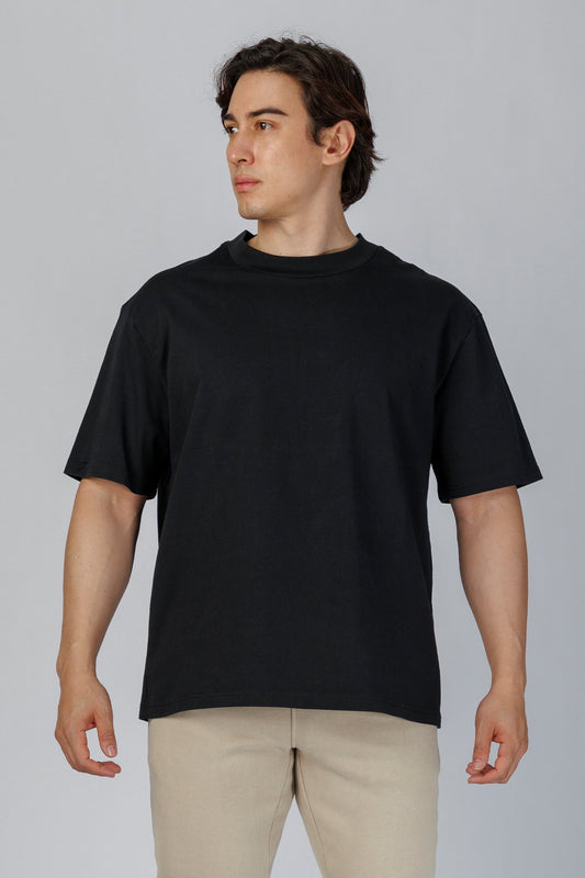 SPJ0350 - Relaxed Fit Mock Neck Straight-Hem Heavyweight Cotton Tee - Black